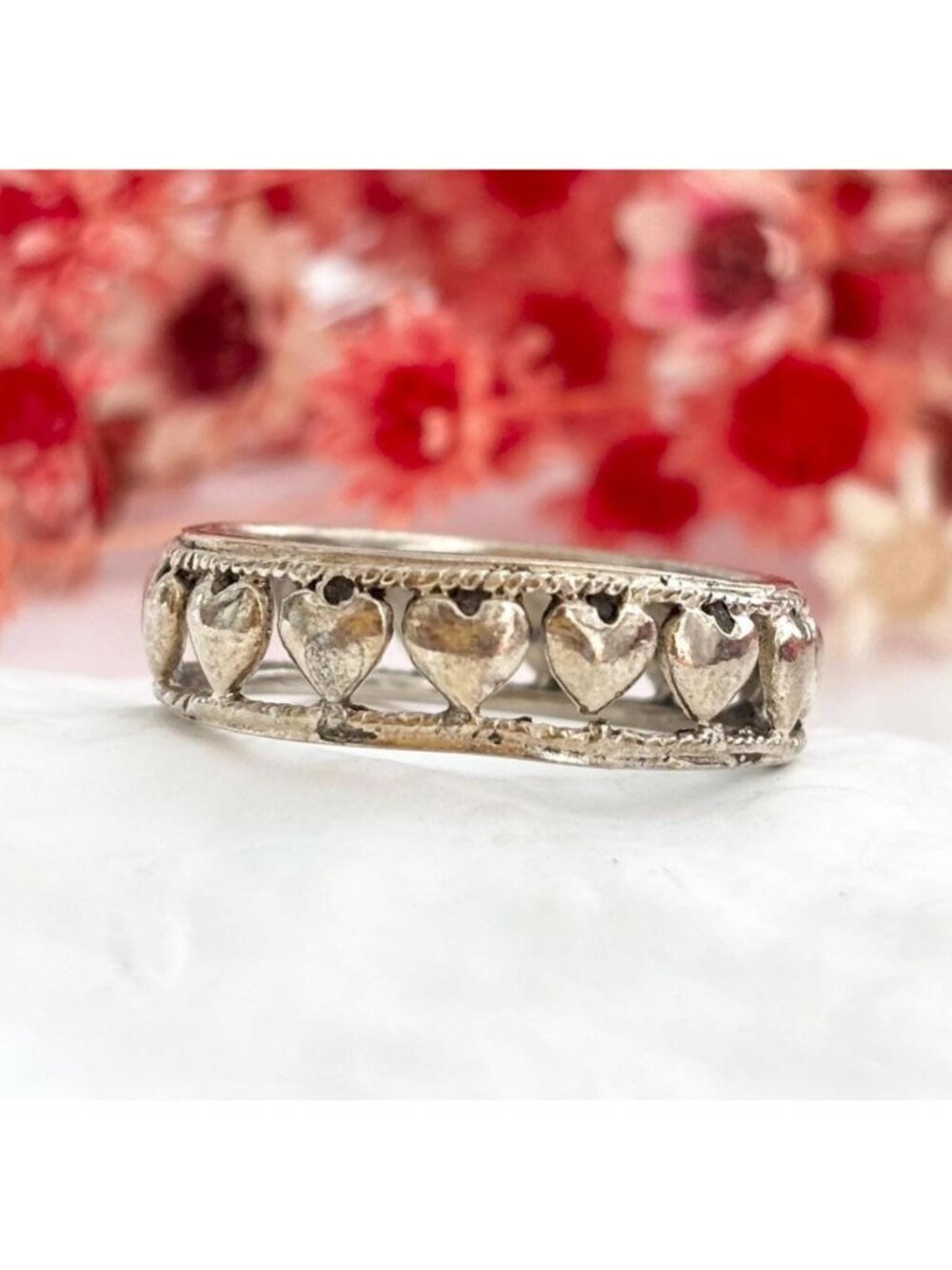 Frieze Style Heart Lined Polished Sterling Silver 925 Vintage Ring - sz 8.5